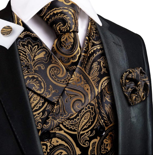 Gold Floral Paisley Vest Set in Black