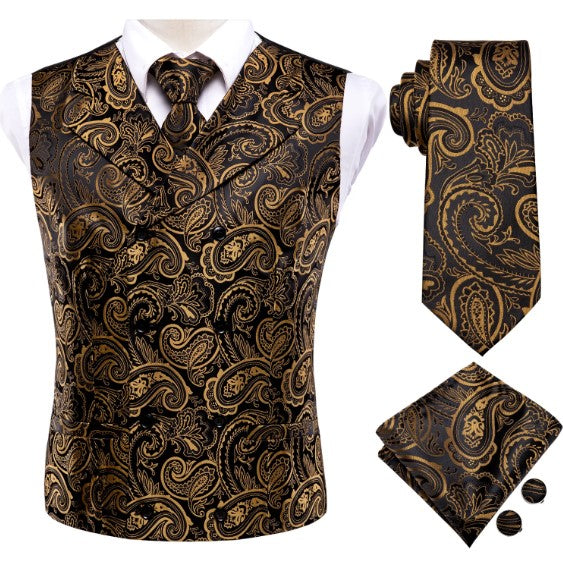 Gold Floral Paisley Vest Set in Black