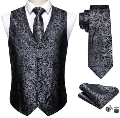 Grey-Black Paisley Vest Set