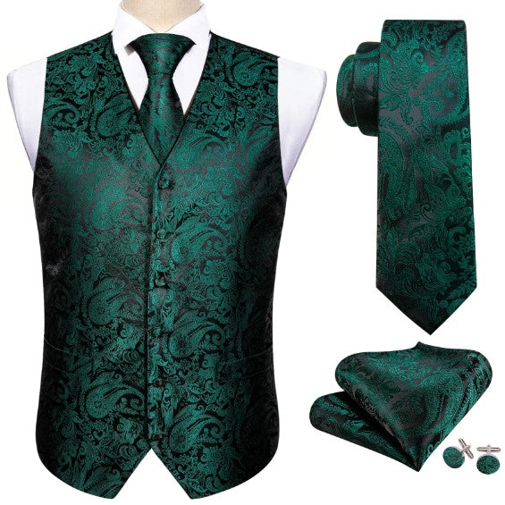 Green Floral Vest Set in Black