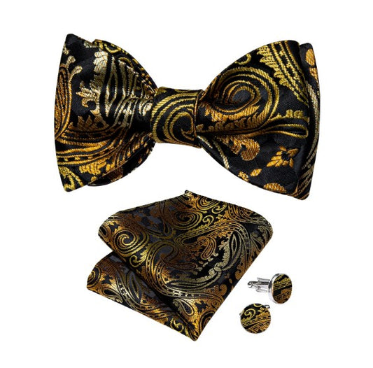 Gold Paisley Bow Tie Set in Black