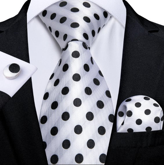 Black Polkadots Tie Set in White