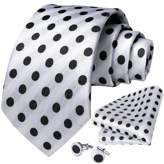 Black Polkadots Tie Set in White