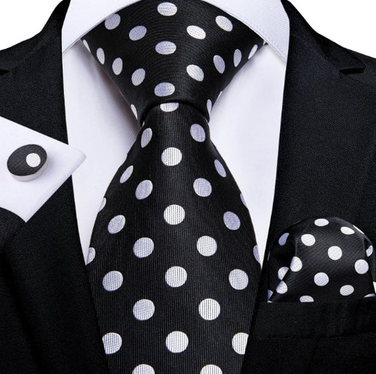 White Polka Dots XL Tie Set in Black