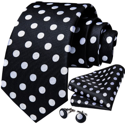 White Polka Dots XL Tie Set in Black