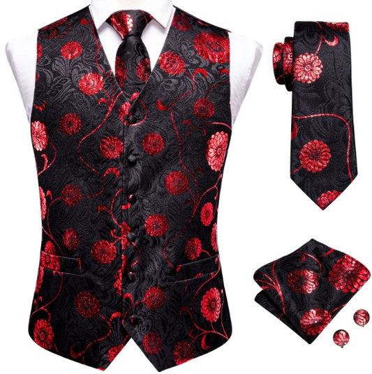 Red Flowers Vest Set in Black