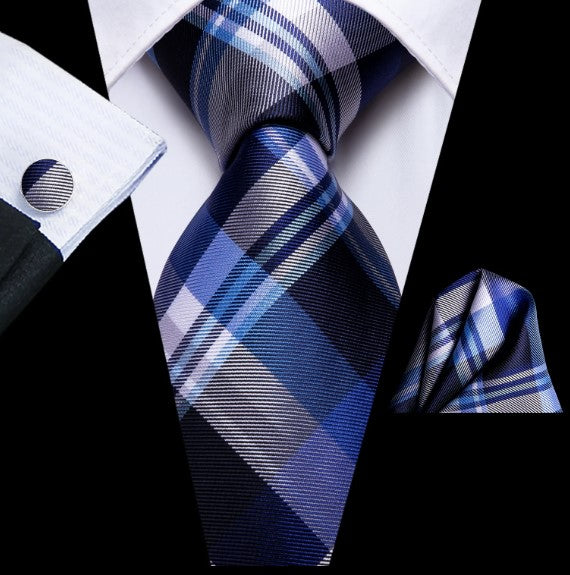 Blue Checkered Tie Set in White