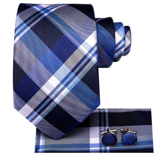 Blue Checkered Tie Set in White