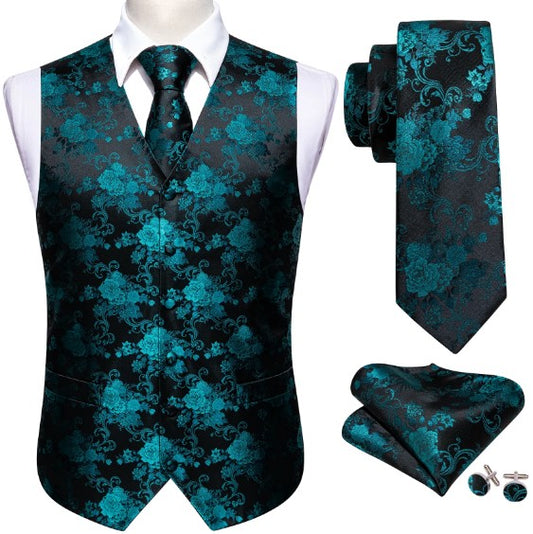 Teal Rose Vest Set in Black