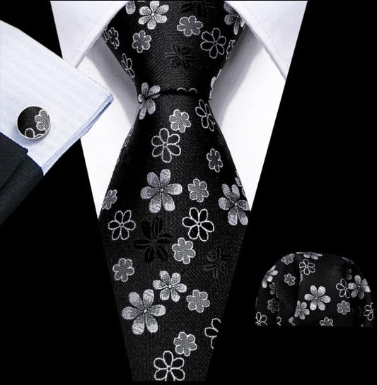 Tiny White Flowers Tie Set in Black