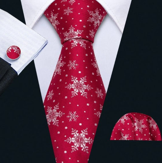 Snow Flakes Tie Set in Red