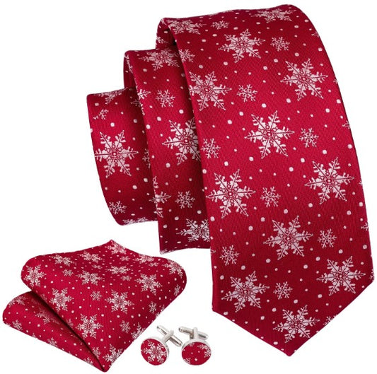 Snow Flakes Tie Set in Red