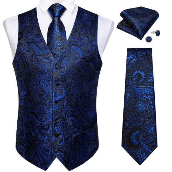 Blue and Black Floral Vest Set