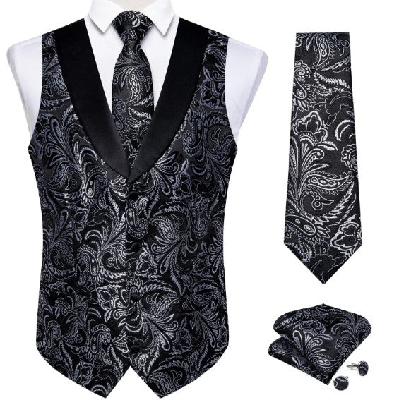 White Floral Paisley Vest Set in Black