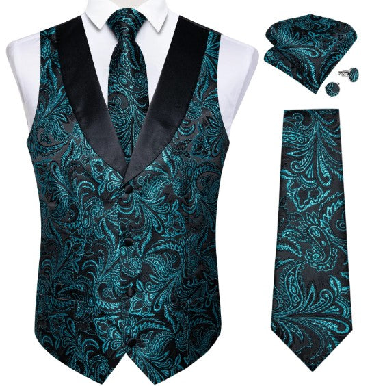 Teal Floral Paisley Vest Set in Black