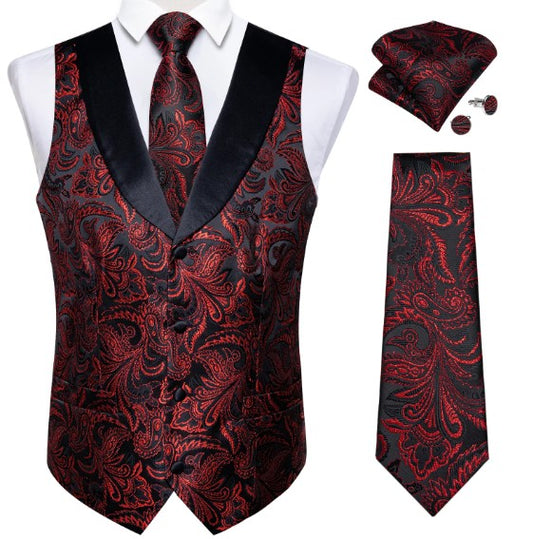 Red Floral Paisley Vest Set in Black