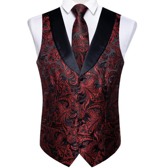 Red Floral Paisley Vest Set in Black