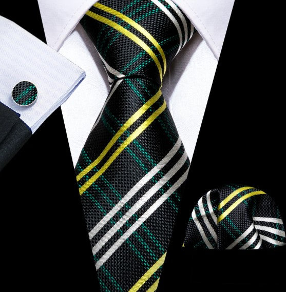 Yellow and White Stripes Tie Set in Green