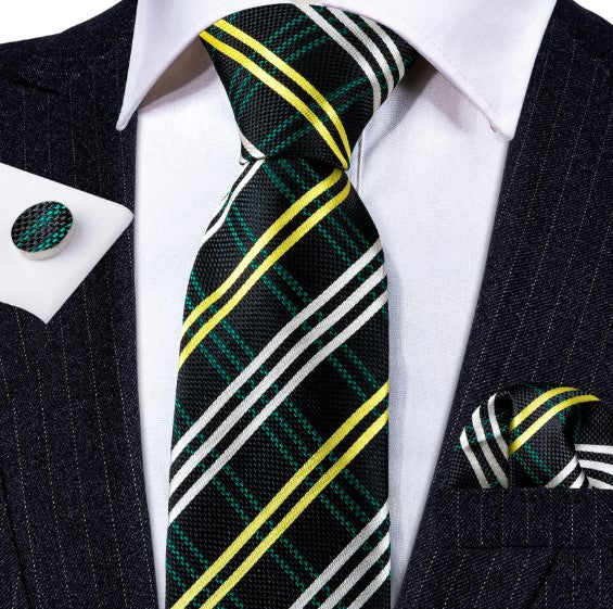 Yellow and White Stripes Tie Set in Green