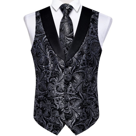 White Floral Paisley Vest Set in Black