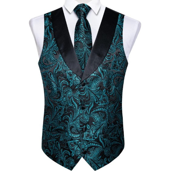 Teal Floral Paisley Vest Set in Black