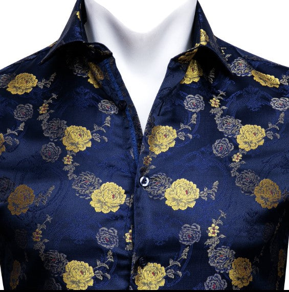 Yellow Blossom Silk Shirt in Blue