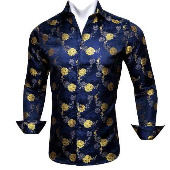 Yellow Blossom Silk Shirt in Blue