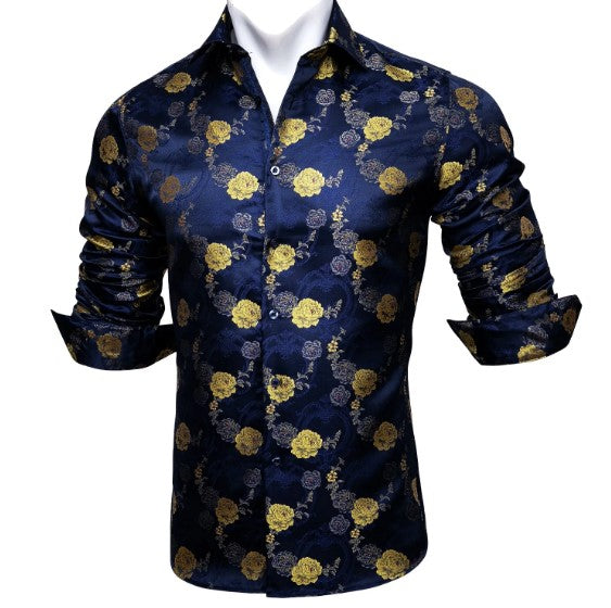 Yellow Blossom Silk Shirt in Blue