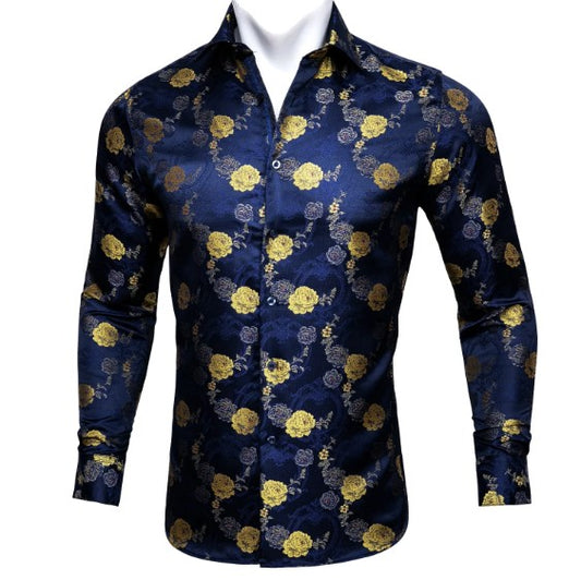 Yellow Blossom Silk Shirt in Blue