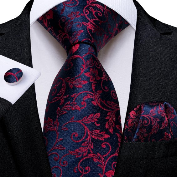 Red Leaves Paisley Tie Set in Blue