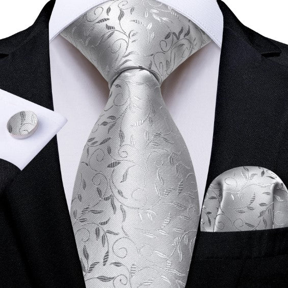 Silver Tiny Leaves Paisley Tie Set