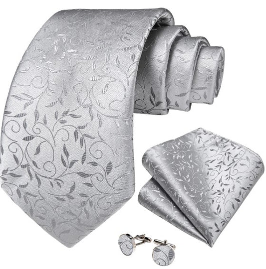 Silver Tiny Leaves Paisley Tie Set