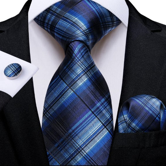 Blue Checkered Silk Tie Set