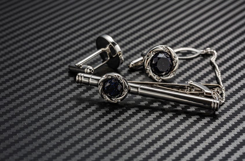 Black Cufflinks with Tie Clip