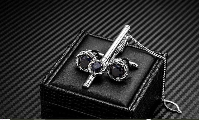 Black Cufflinks with Tie Clip