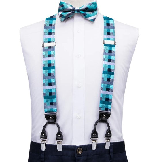 Aqua Blue Squares Suspender Set