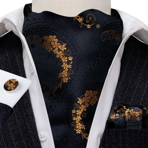 Gold Floral in Black Ascot, Pocket Square and Cufflinks