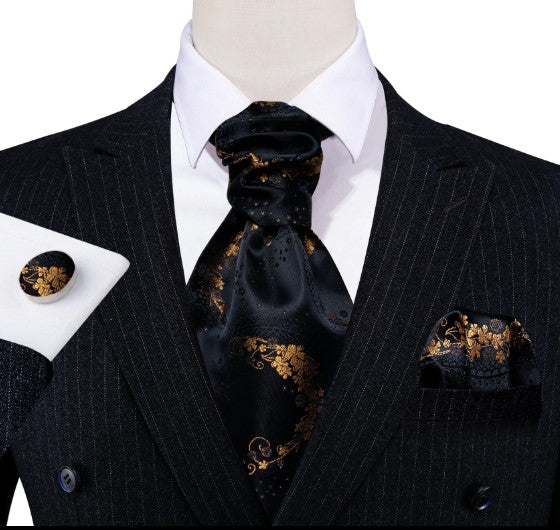 Gold Floral in Black Ascot, Pocket Square and Cufflinks