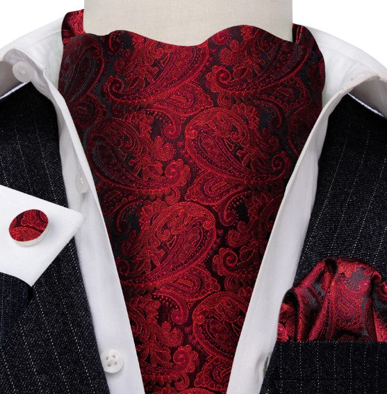 Red Wine Paisley Ascot, Pocket Square and Cufflinks