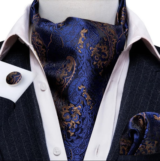 Deep Blue with Gold Flower Ascot, Pocket Square and Cufflinks