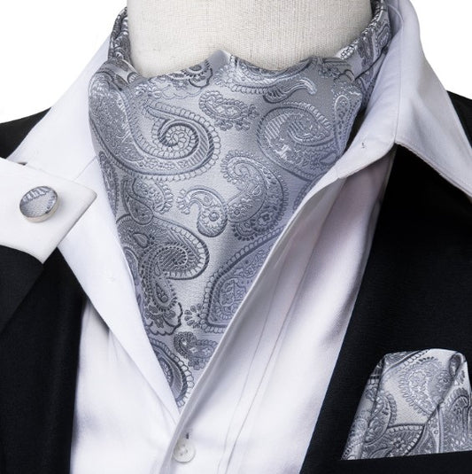 Silver Tail Paisley Ascot, Pocket Square and Cufflinks