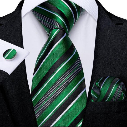 Green Stripes Silk Tie Set - Masculine Clothes