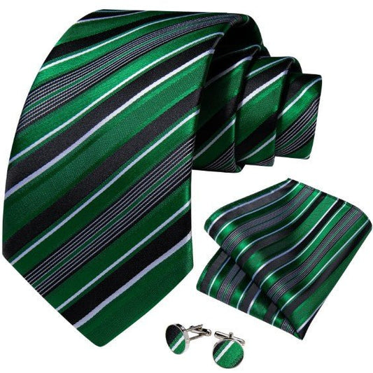 Green Stripes Silk Tie Set - Masculine Clothes