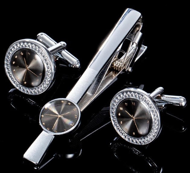 Clock with Stone Tie Clip and Cufflinks