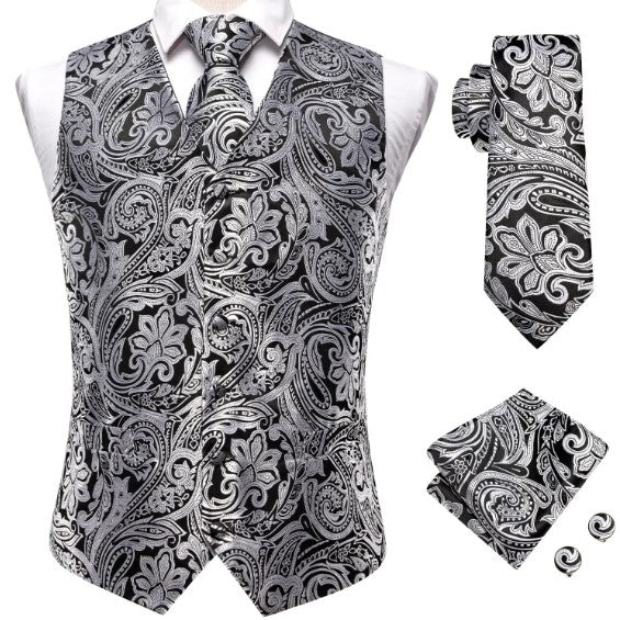 Silver Floral Paisley Vest Set