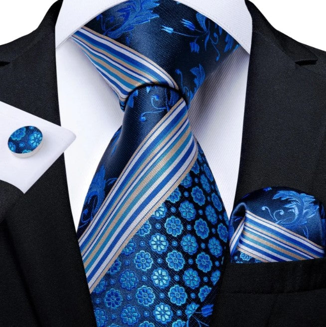 Blue Floral Striped Tie Set