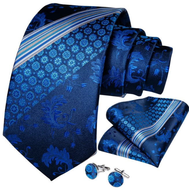 Blue Floral Striped Tie Set