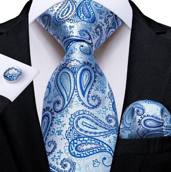 Luxury Blue Paisley Tie, Pocket Square and Cufflinks