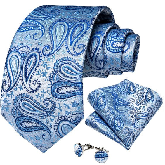 Luxury Blue Paisley Tie, Pocket Square and Cufflinks