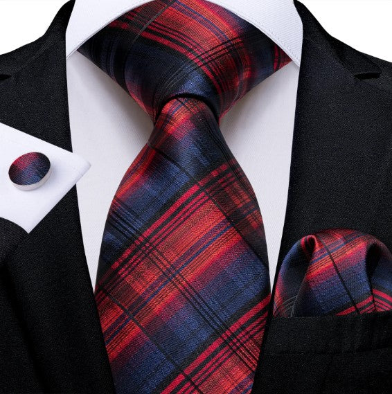 Red Checkered Tie, Pocket Square and Cufflinks